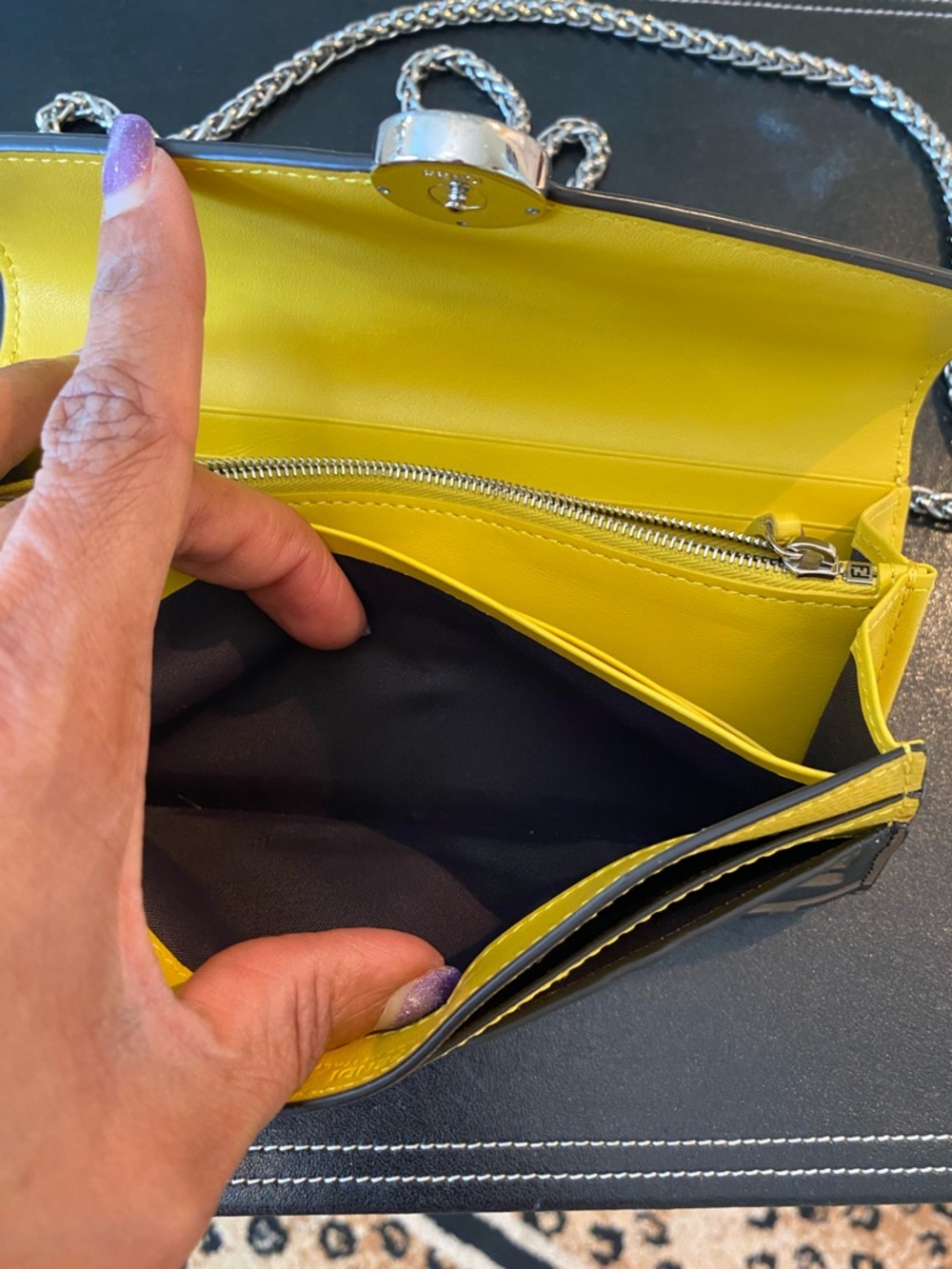 Fendi Yellow/Brown Leather Continental Envelope Wallet & Unbranded Chain, EUC - Picture 8 of 10